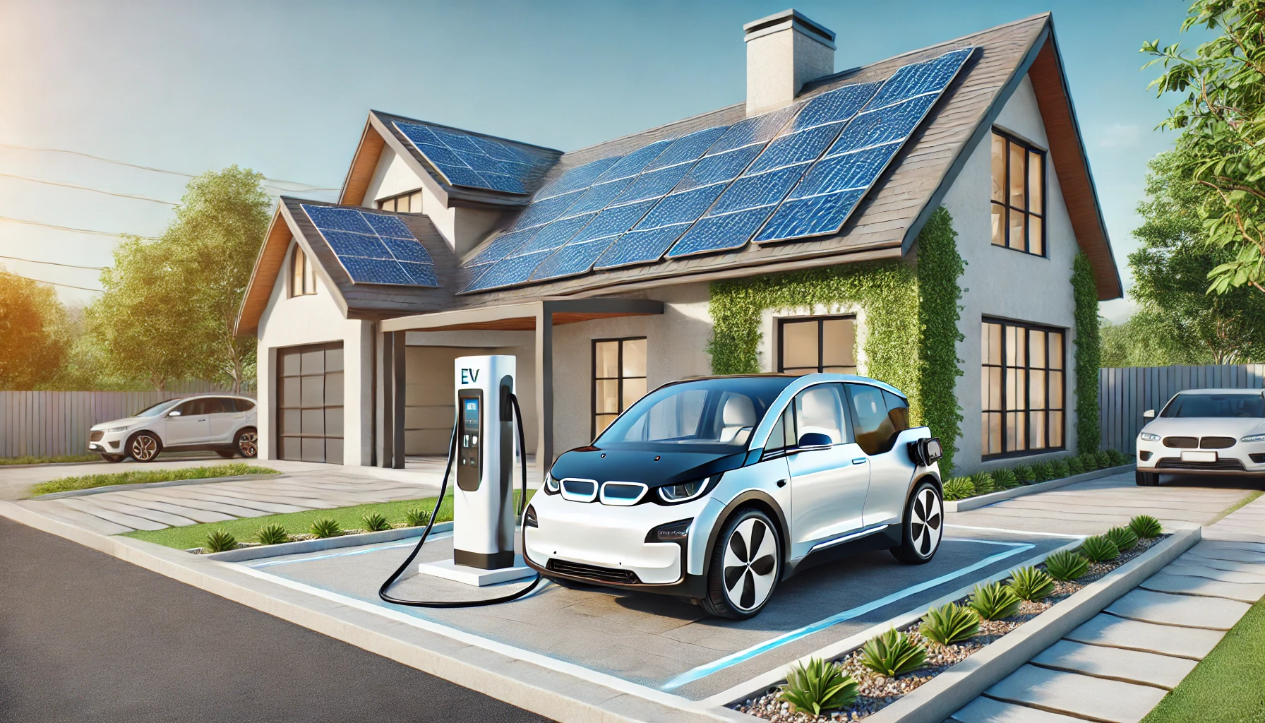 A futuristic home driveway with an electric vehicle (EV) parked and connected to a sleek EV charging station powered by rooftop solar panels.